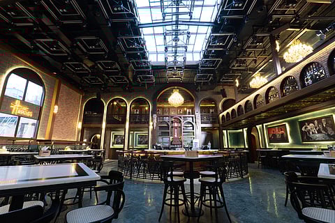 The decor is reminiscent of a British pub