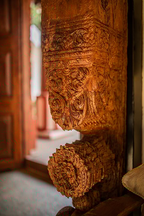 The pillars, made of Sangwan wood, have the Ramayana inscribed on them.