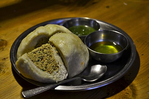 Freshly prepared Himachali Siddu with pure ghee and chutney