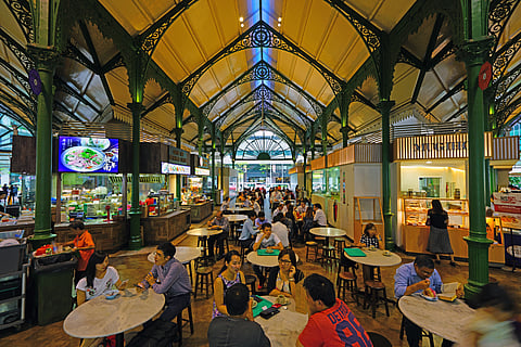 The Lau Pa Sat festival market (Telok Ayer) is a historic Victorian cast-iron market building used as a popular hawker centre