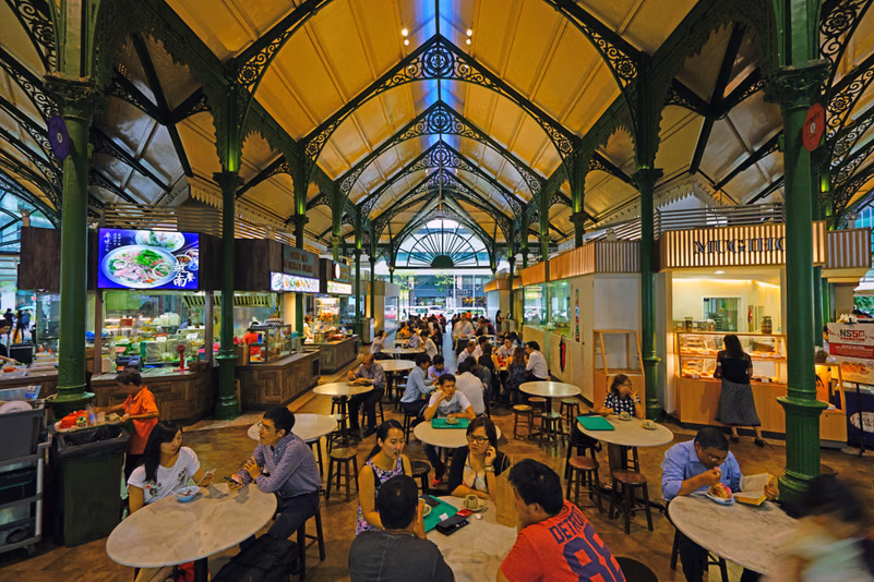 The Lau Pa Sat festival market (Telok Ayer) is a historic Victorian cast-iron market building used as a popular hawker centre