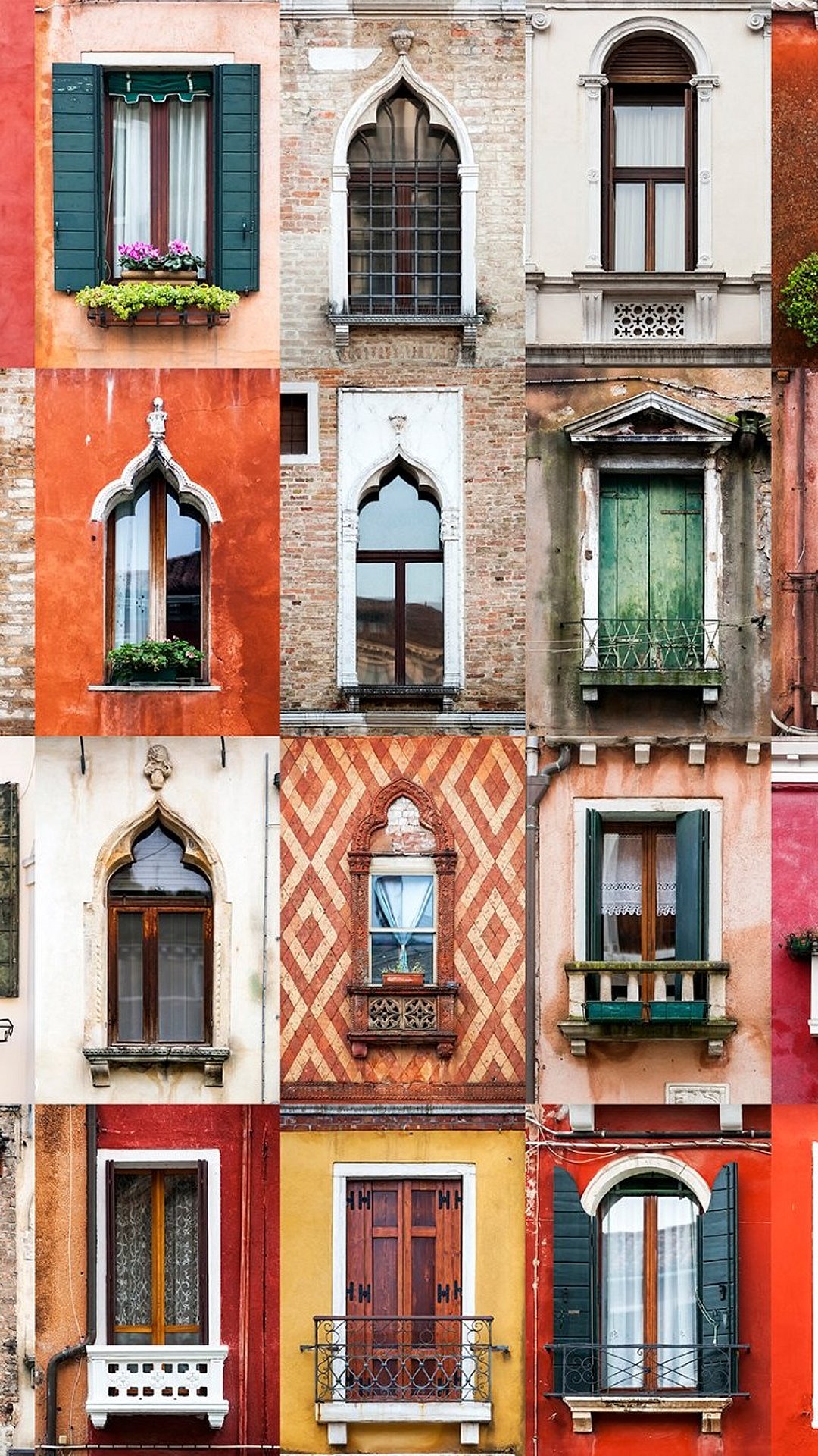 A collage of windows from the city of Venice