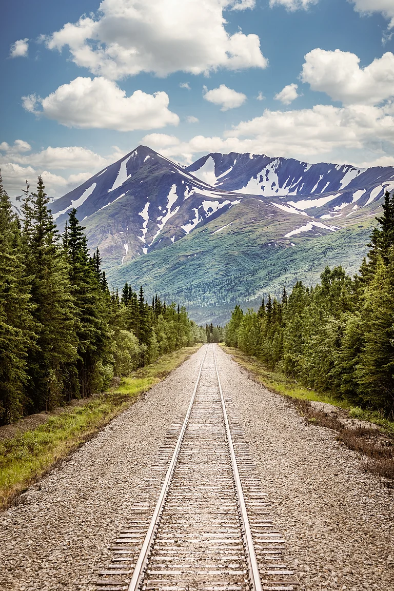 Railroad track in the wilderness of Alaska - Shutterstock