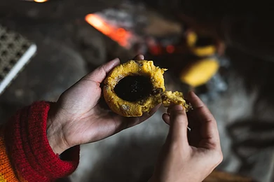 Copyright: Nishant Sinha/WWF-India : Phurshing gombu is a charcoal roasted savoury dough infused with solidified oleoresin. It is believed to alleviate muscular pain