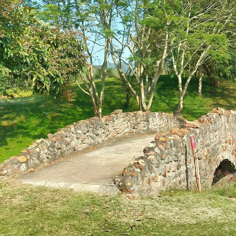 The 18-hole golf course has ponds and bridges