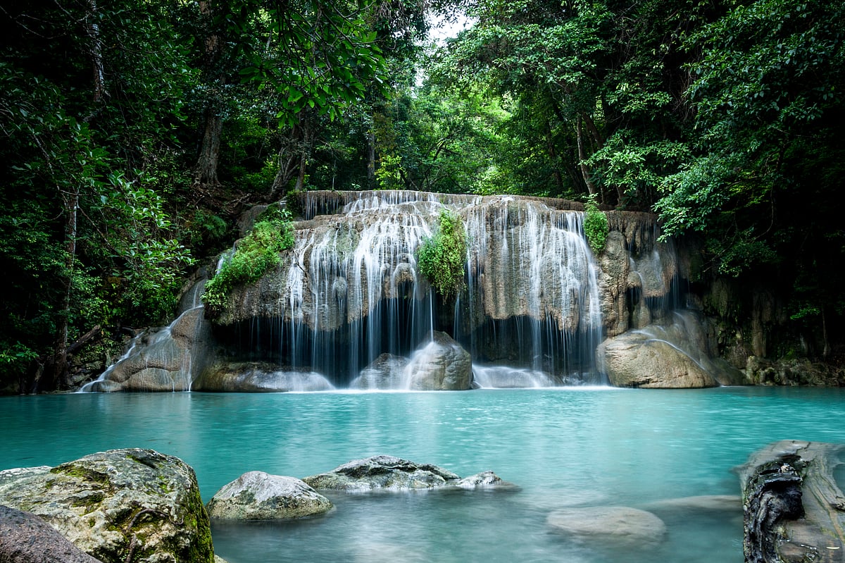 The Erawan Waterfall is named after a three-headed white elephant of Hindu mythology