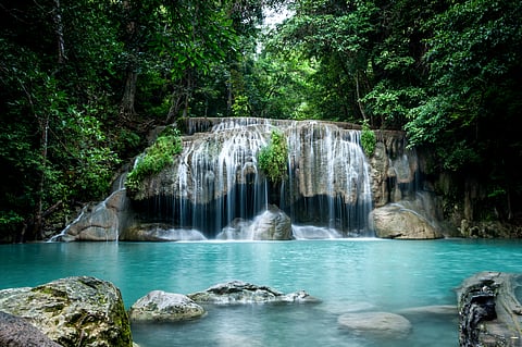 The Erawan Waterfall is named after a three-headed white elephant of Hindu mythology