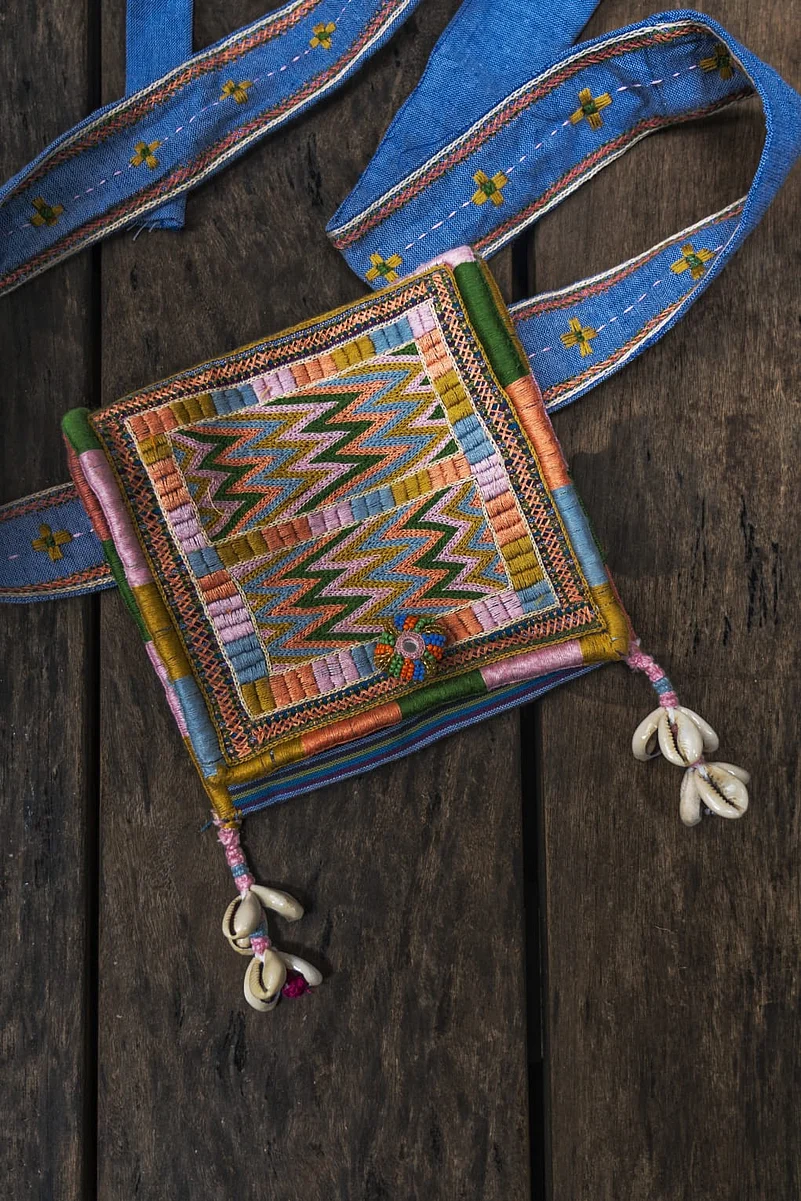 Small purse with waist belt made of handloom cotton with heavy Lambani hand embroidery