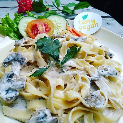 The mushroom pasta at the Tasty Vegan