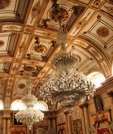 The ceiling with the chandeliers inside the palace