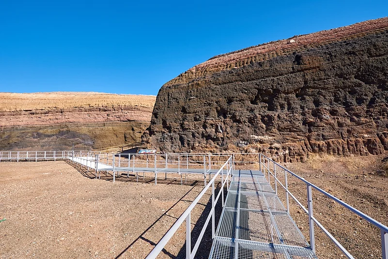 Walkway inside the volcano of Cerro Gordo, in the volcanic region of Campo de Calatrava, Spain