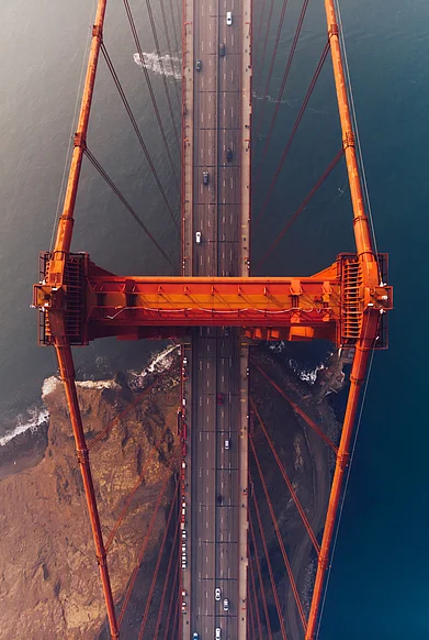 An aerial view of the Golden Gates Bridge