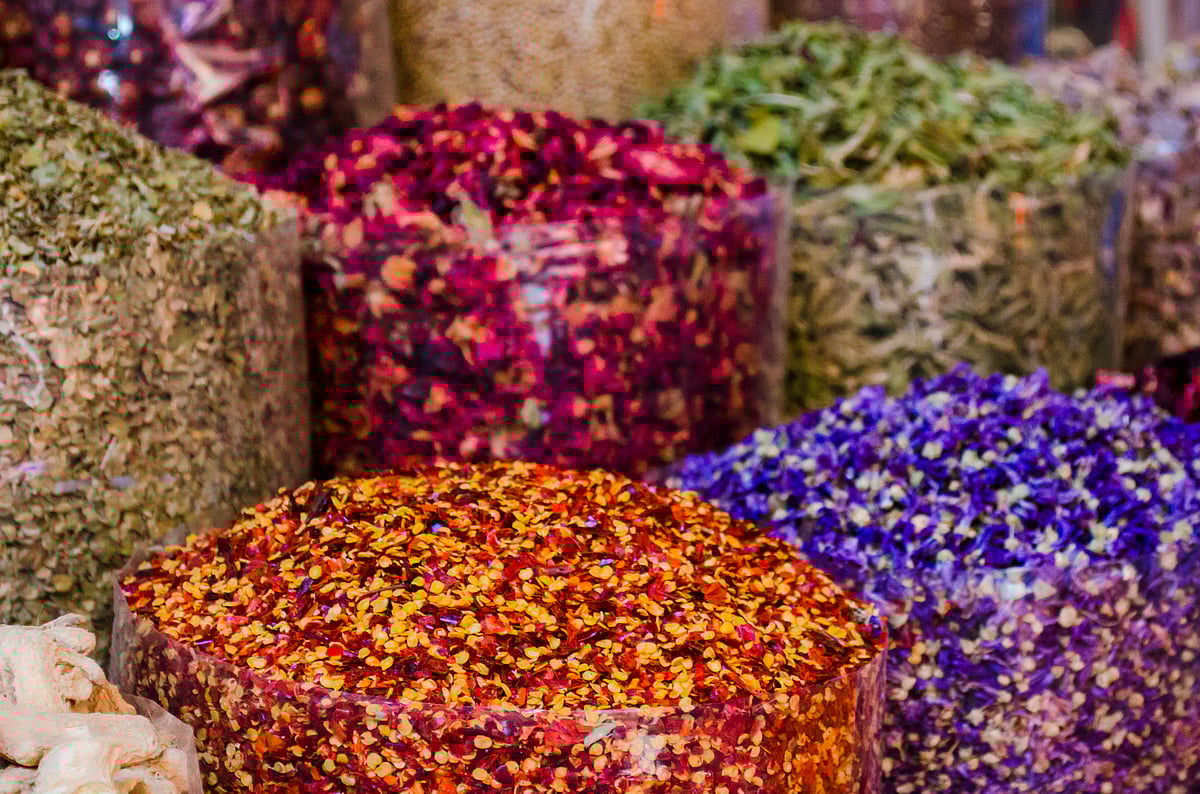 The Spice Souk is a three-minute walk from the Gold Souk