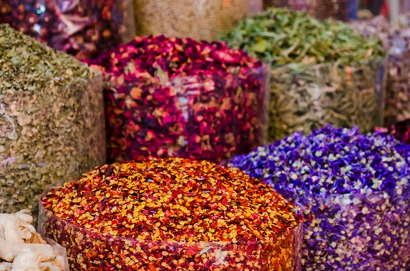 The Spice Souk is a three-minute walk from the Gold Souk