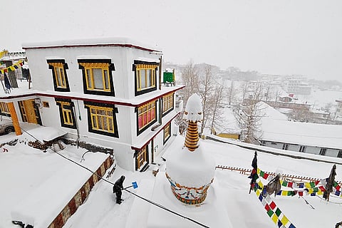 View of snow-carpeted Kaza from the roof of Fa-Ma Home Stay