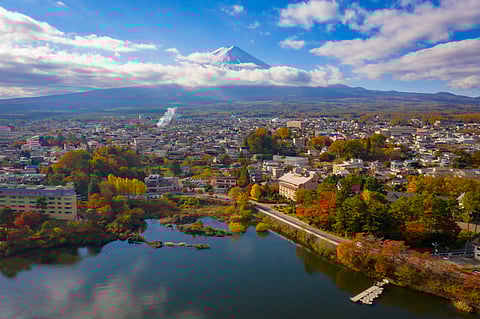 Fujikawaguchiko in Yamanashi Prefecture has several scenic spots from where to view Japan’s highest mountain