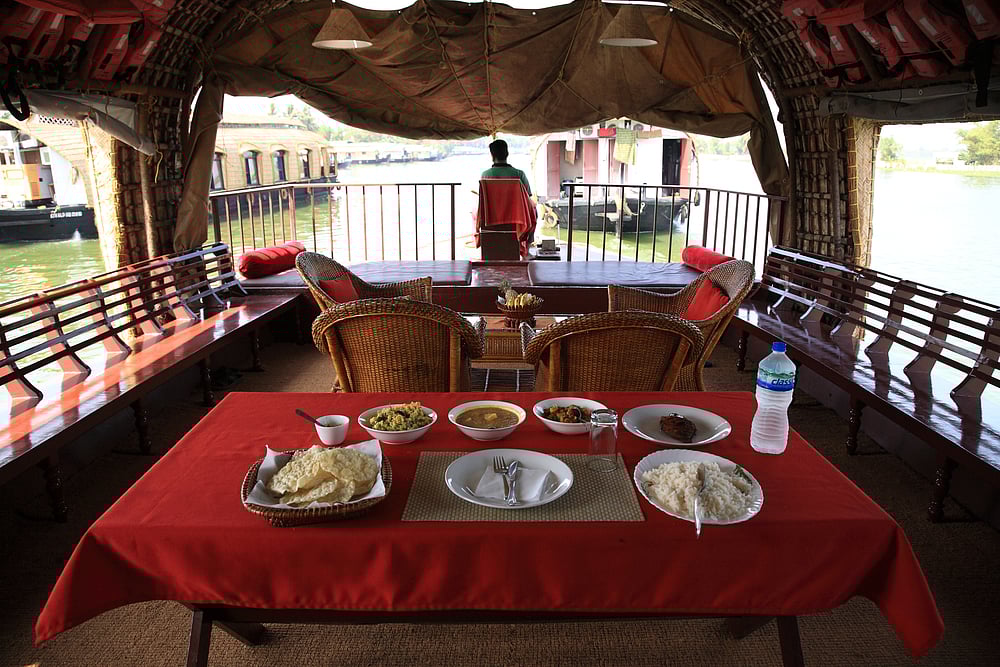 Inside a houseboat sailing on the Kerala backwaters