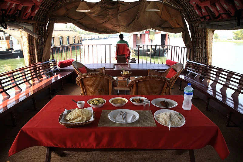 Inside a houseboat sailing on the Kerala backwaters
