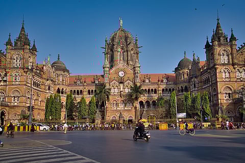 A front view of the Chhatrapati Shivaji Maharaj Terminus which is decorated on Maharashtra Day