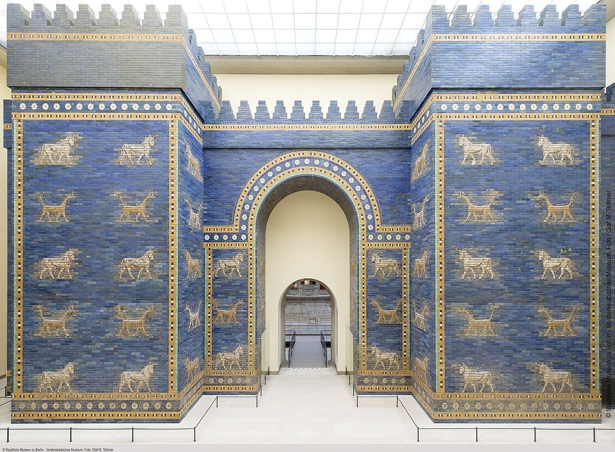 The Ishtar Gate, known as the eighth gate to the inner city of Babylon, is on display nside the Pergamon Museum 