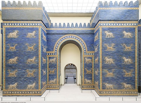 The Ishtar Gate, known as the eighth gate to the inner city of Babylon, is on display nside the Pergamon Museum