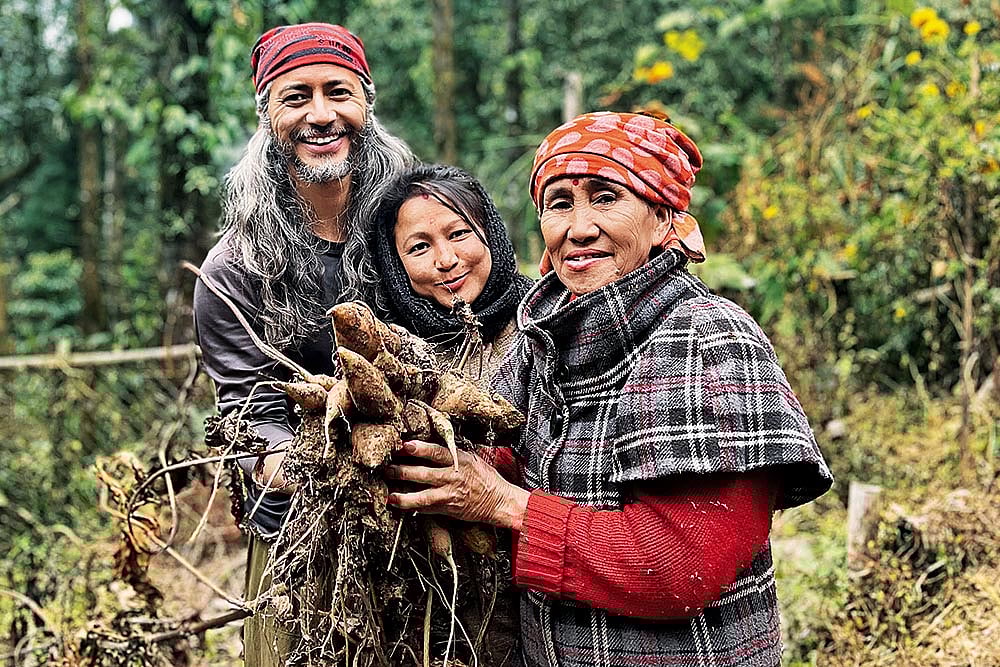 Utsow Pradhan, Owner, TIEEDI Forest Garden, Darjeeling with produce from the farm