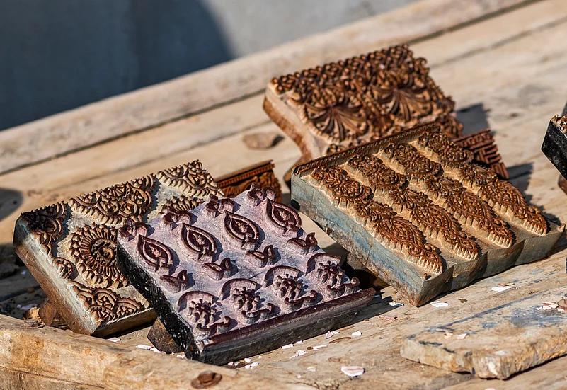 Close up of wooden blocks used in ajrak printing in Kutch, Gujarat