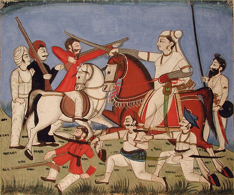 A painting of Rani of Jhansi on horseback kills an Englishman with her sword