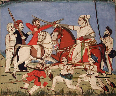 A painting of Rani of Jhansi on horseback kills an Englishman with her sword