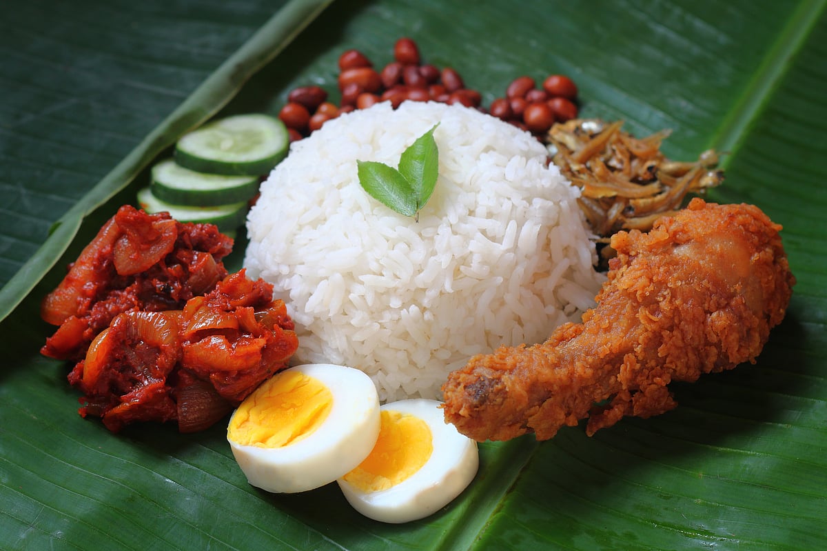 Nasi lemak is a breakfast meal but can be eaten at any time of the day