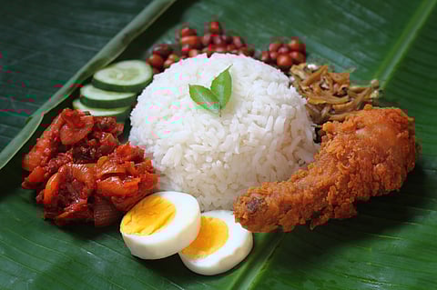 Nasi lemak is a breakfast meal but can be eaten at any time of the day