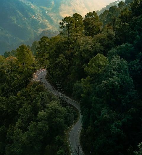 An idyllic landscape featuring a winding road snaking its way down a lush green mountain side in Lansdowne