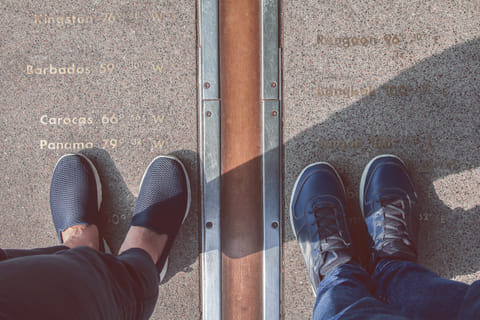 People stand on either side of the Prime Meridian line