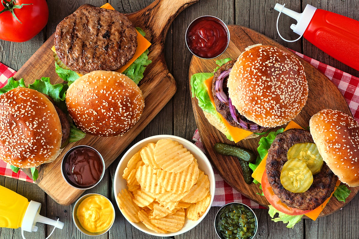 An overhead shot of classic American food