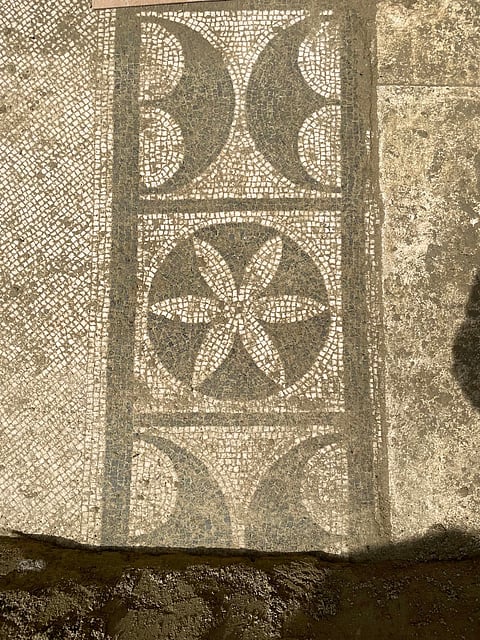 The Roman pool was fitted with mosaics on the floor, featuring intricate geometric motifs crafted from marble, stone, glass and ceramics