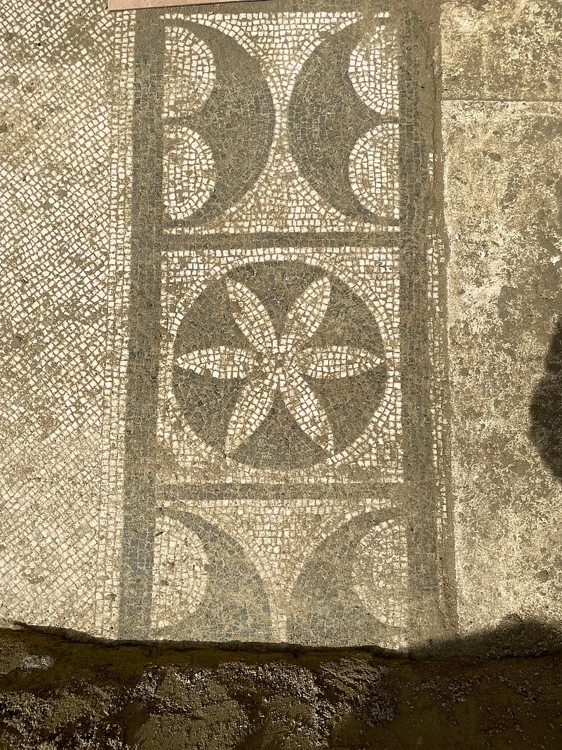 The Roman pool was fitted with mosaics on the floor, featuring intricate geometric motifs crafted from marble, stone, glass and ceramics