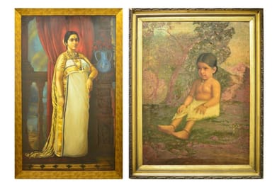 Two portraits depict Maharani Sethu Lakshmi Bayi: one on the left captures her as an adult, while the unseen painting on the right portrays her in her childhood years