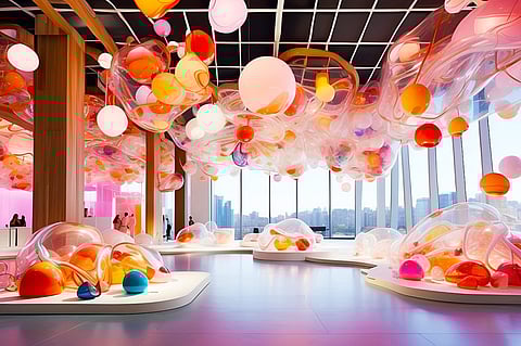 Renderings of the museum show a spectrum of glass hues ranging from pink to orange