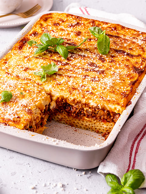 Casserole dish with béchamel sauce and parmesan called Pastitsio