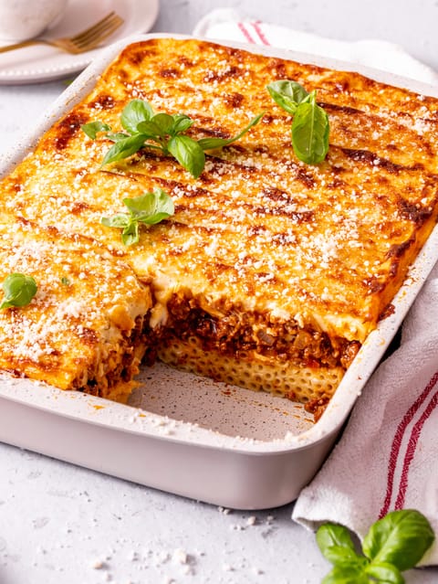 Casserole dish with béchamel sauce and parmesan called Pastitsio