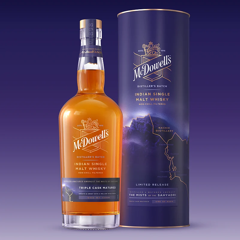 The packaging captures of the spirit of the Sahyadri mountain range in India where the whisky is produced