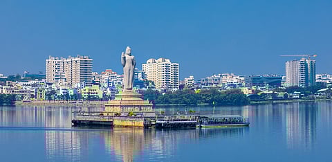 The monolithic Buddha statue at Hussain Sagar