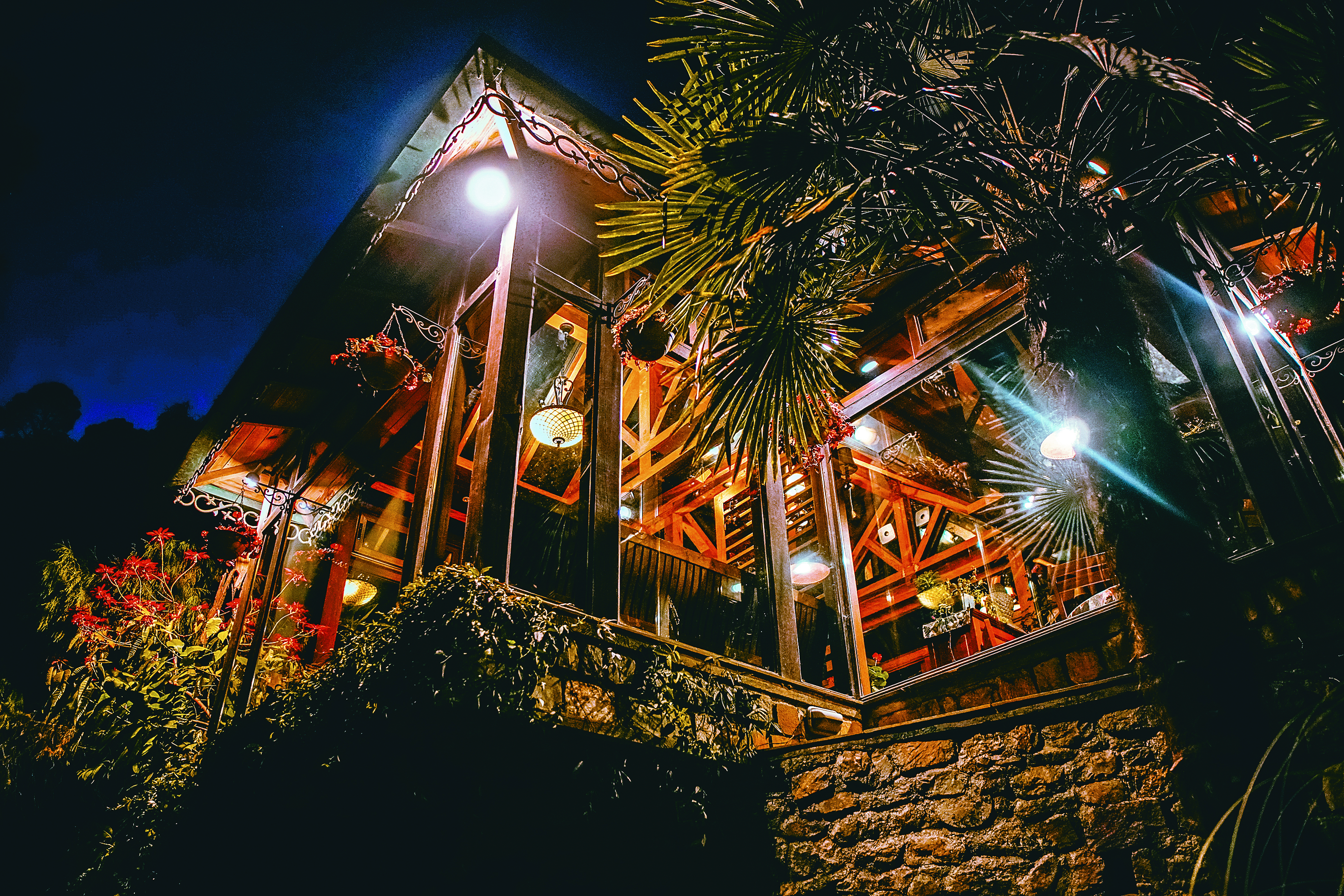 Glass 
conservatory lit up 
on a starry night