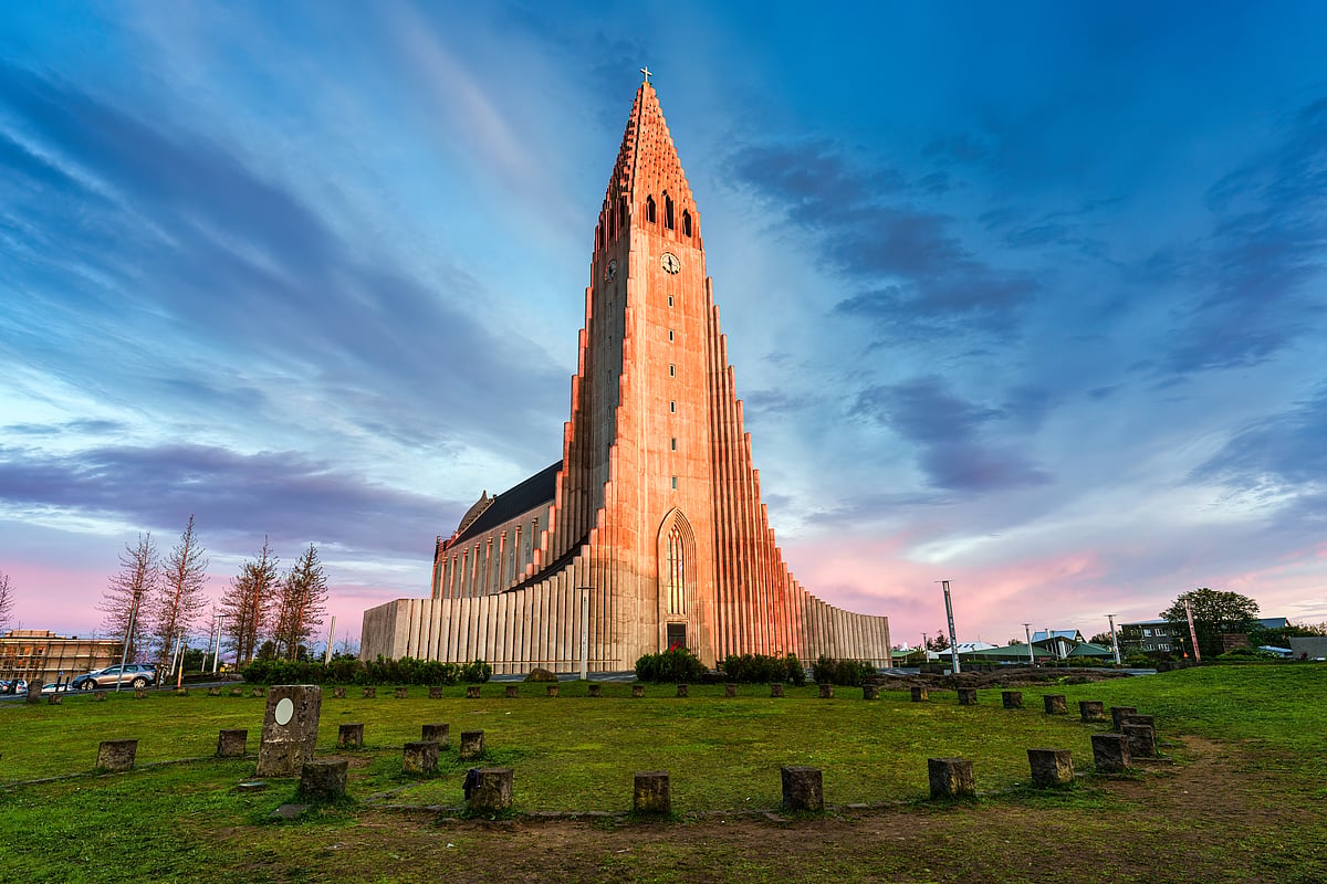 Beautiful sunset sky shining on Hallgrimskirkja Lutheran Church