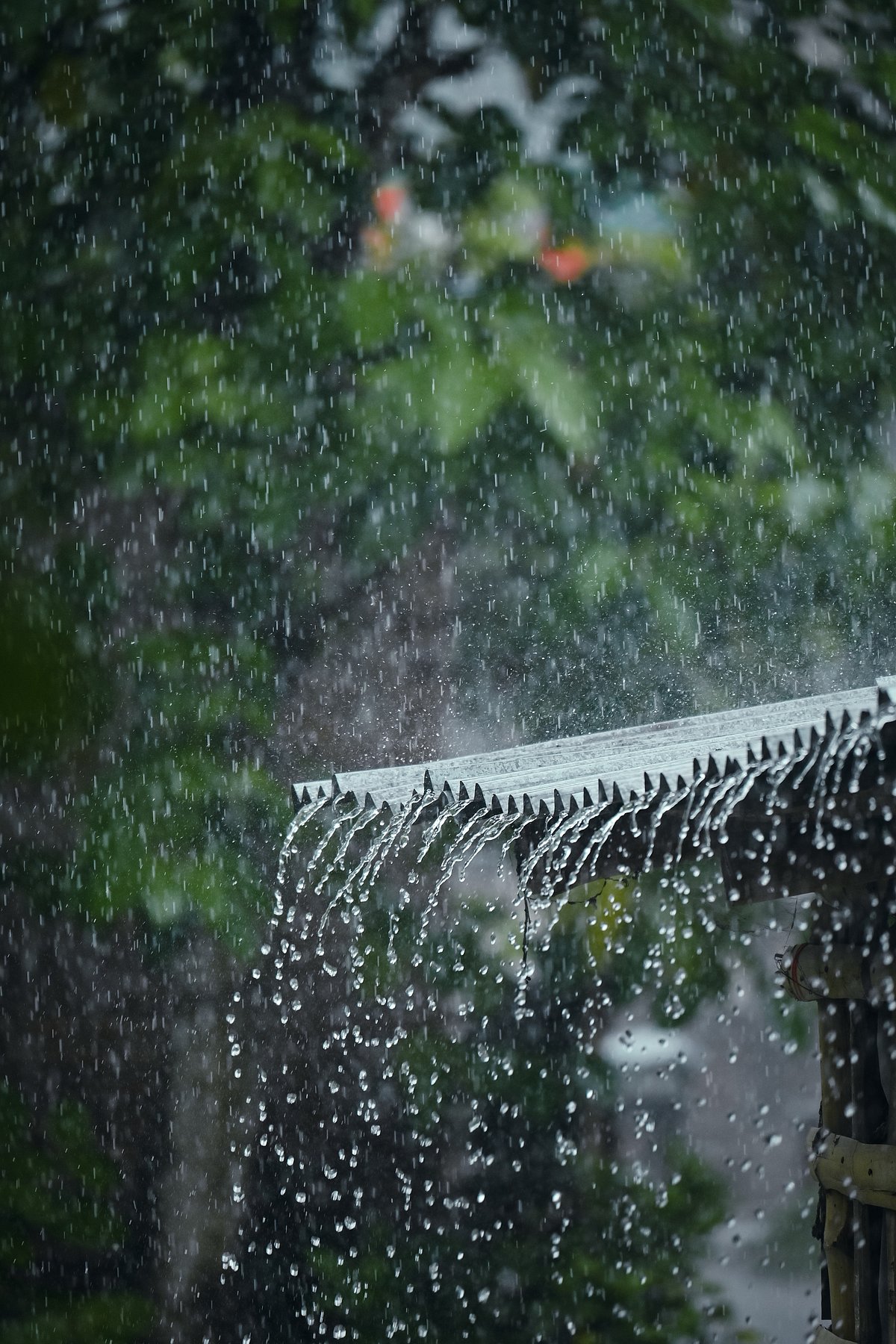 Shutterstock : Torrential rain slopes off a roof of a house in monsoon