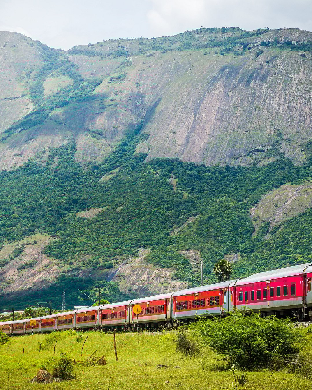 An idyllic scene of a train traveling through a picturesque countryside landscape, Coimbatore