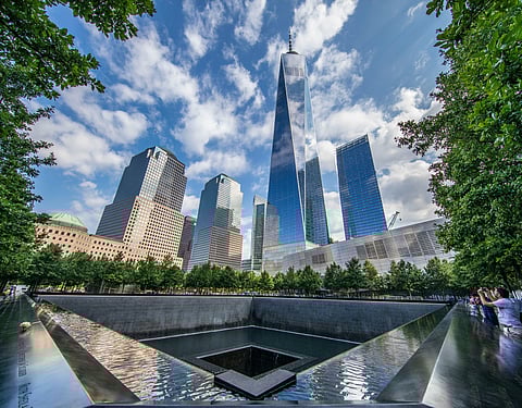 The reflection pool at the 9/11 memorial, which is inscribed with the names of all those killed in 2001