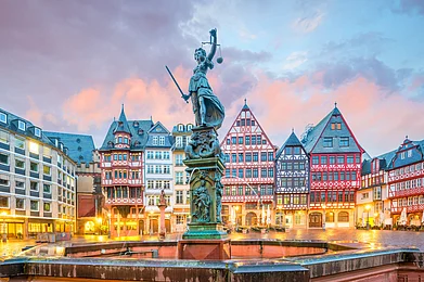 Shutterstock : Old town square, Romerberg in Frankfurt, Germany at twilight