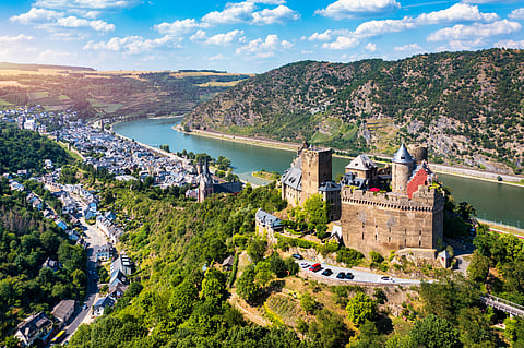 The Schönburg (Schoenburg) is a castle above the medieval town of Oberwesel in the UNESCO World Heritage site of the Upper Middle Rhine Valley