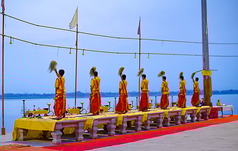 Morning aarti at a ghat in Varanasi